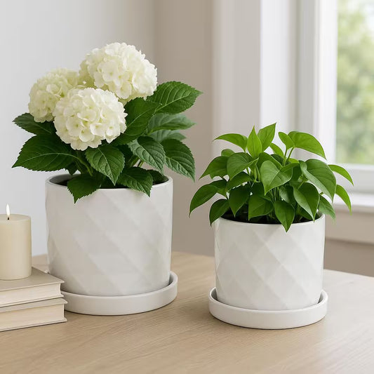 10 In. and 12 In. White Ceramic Geometric Texture Decorative Pots (Set of 2)
