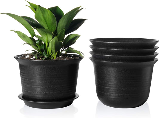 The Garden Essentials — 7" Indoor Planters with Drainage Trays, Premium Plastic Pots for House Plants (Set of 5, Black)
