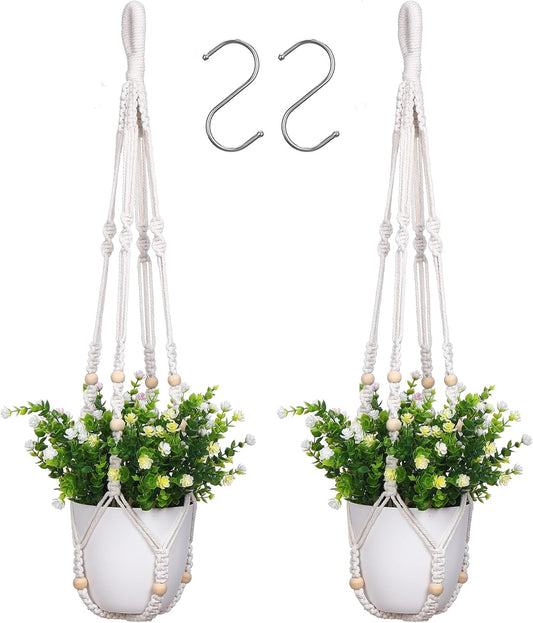 2 Pack Macrame Plant Hanger Indoor Hanging Planter Basket with Cotton Ivory