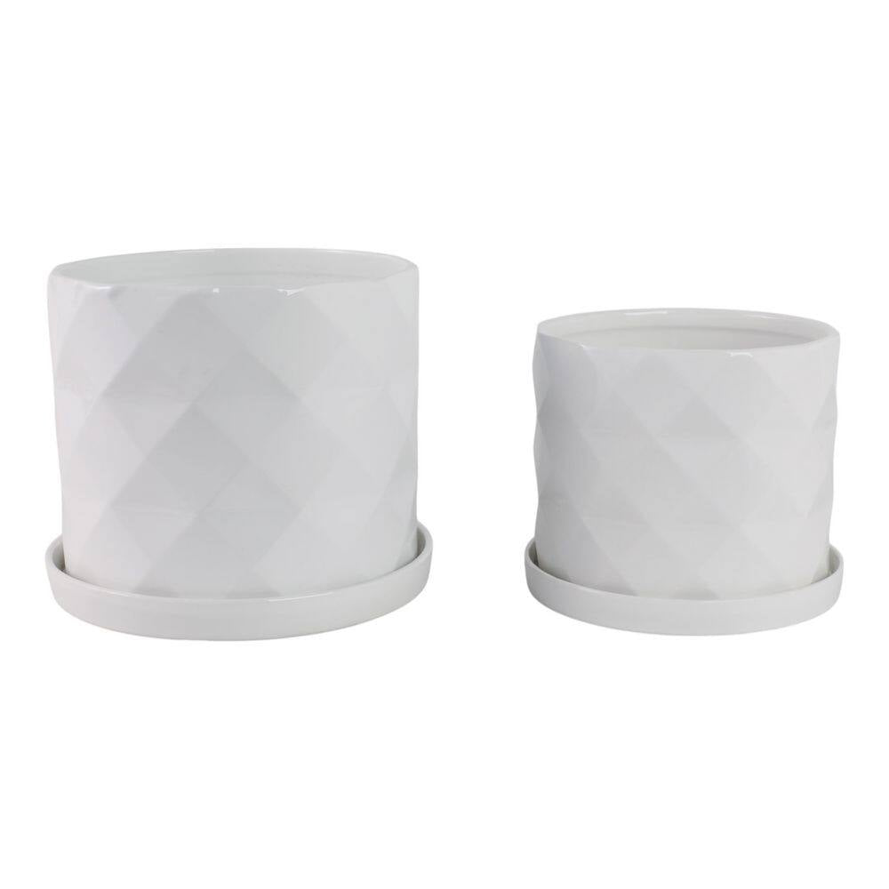 10 In. and 12 In. White Ceramic Geometric Texture Decorative Pots (Set of 2)