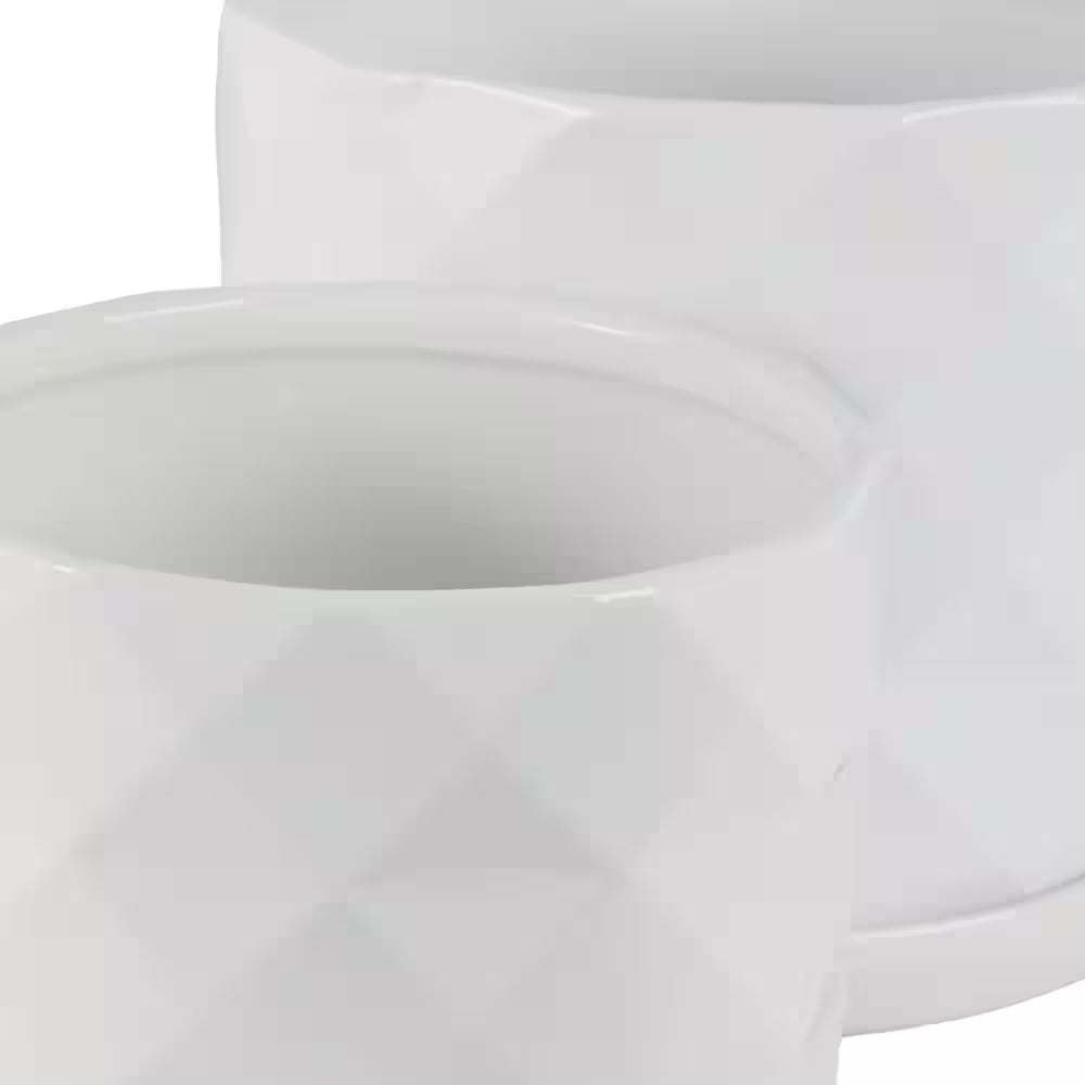 10 In. and 12 In. White Ceramic Geometric Texture Decorative Pots (Set of 2)