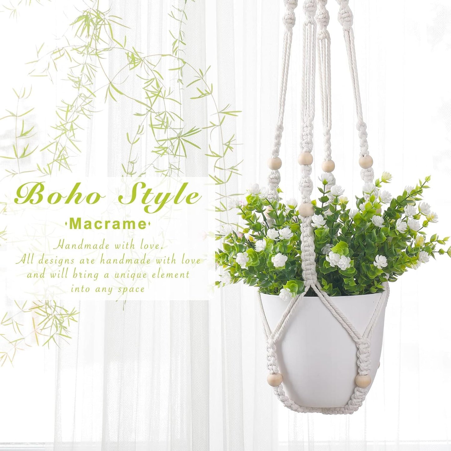 2 Pack Macrame Plant Hanger Indoor Hanging Planter Basket with Cotton Ivory