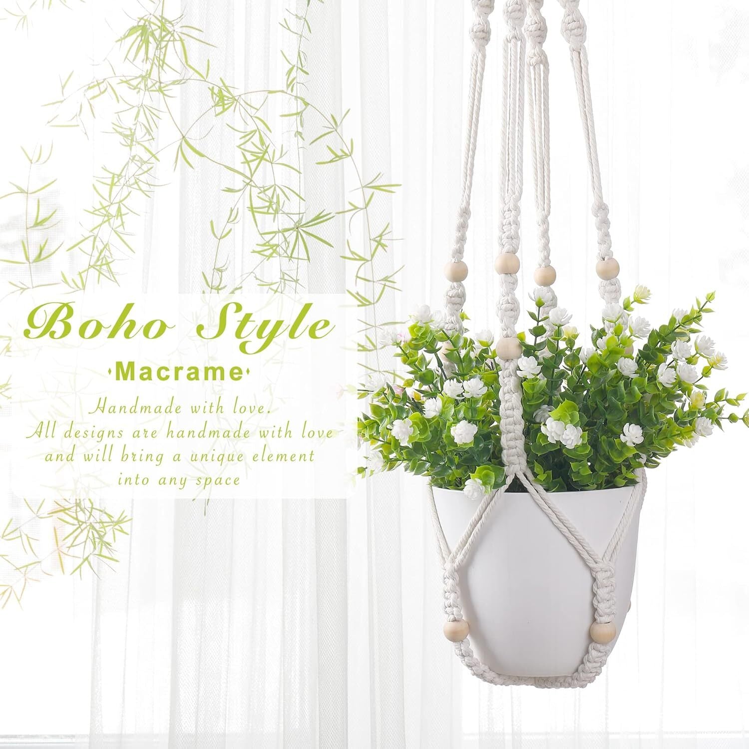 2 Pack Macrame Plant Hanger Indoor Hanging Planter Basket with Cotton Ivory