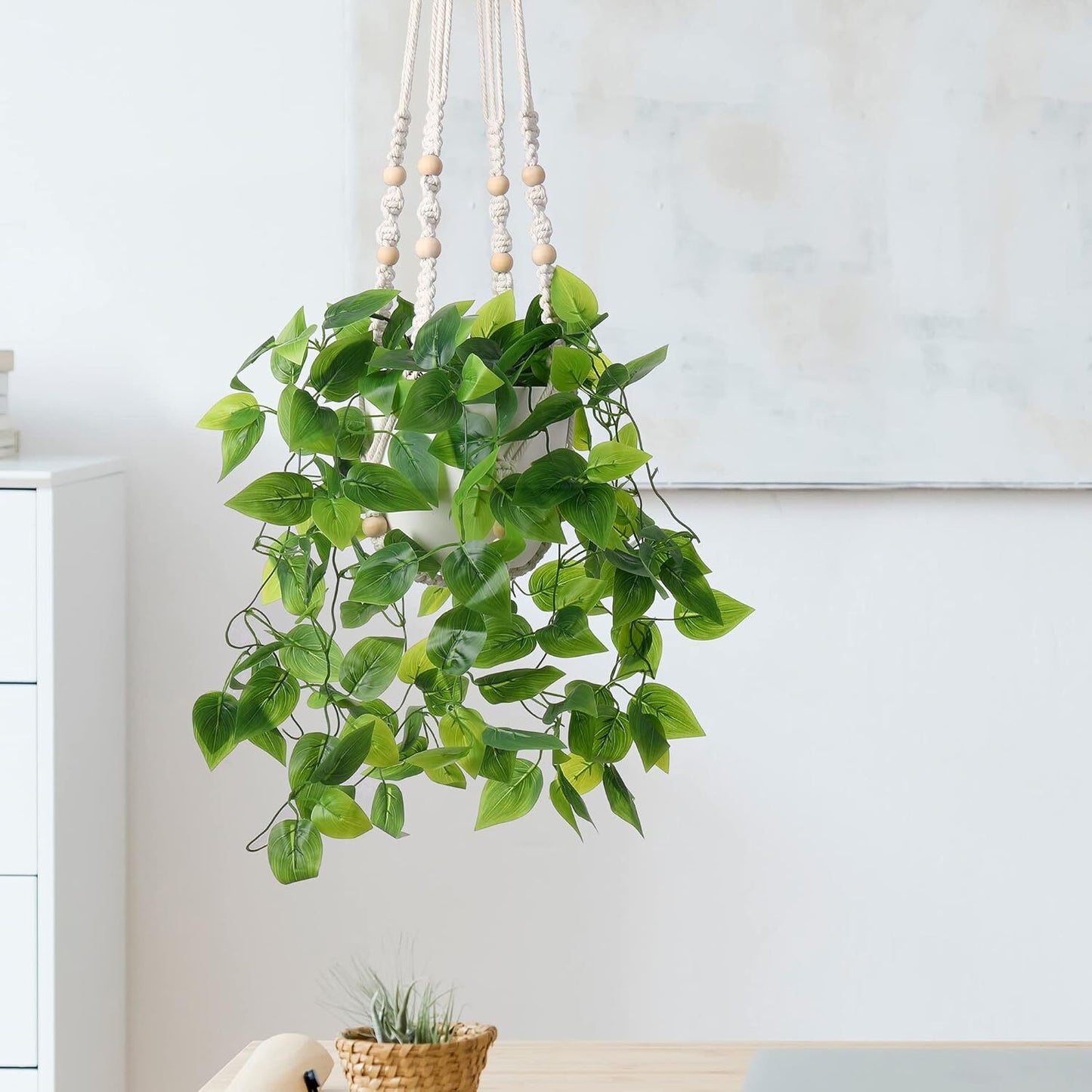 2 Pack Macrame Plant Hanger Indoor Hanging Planter Basket with Cotton Ivory