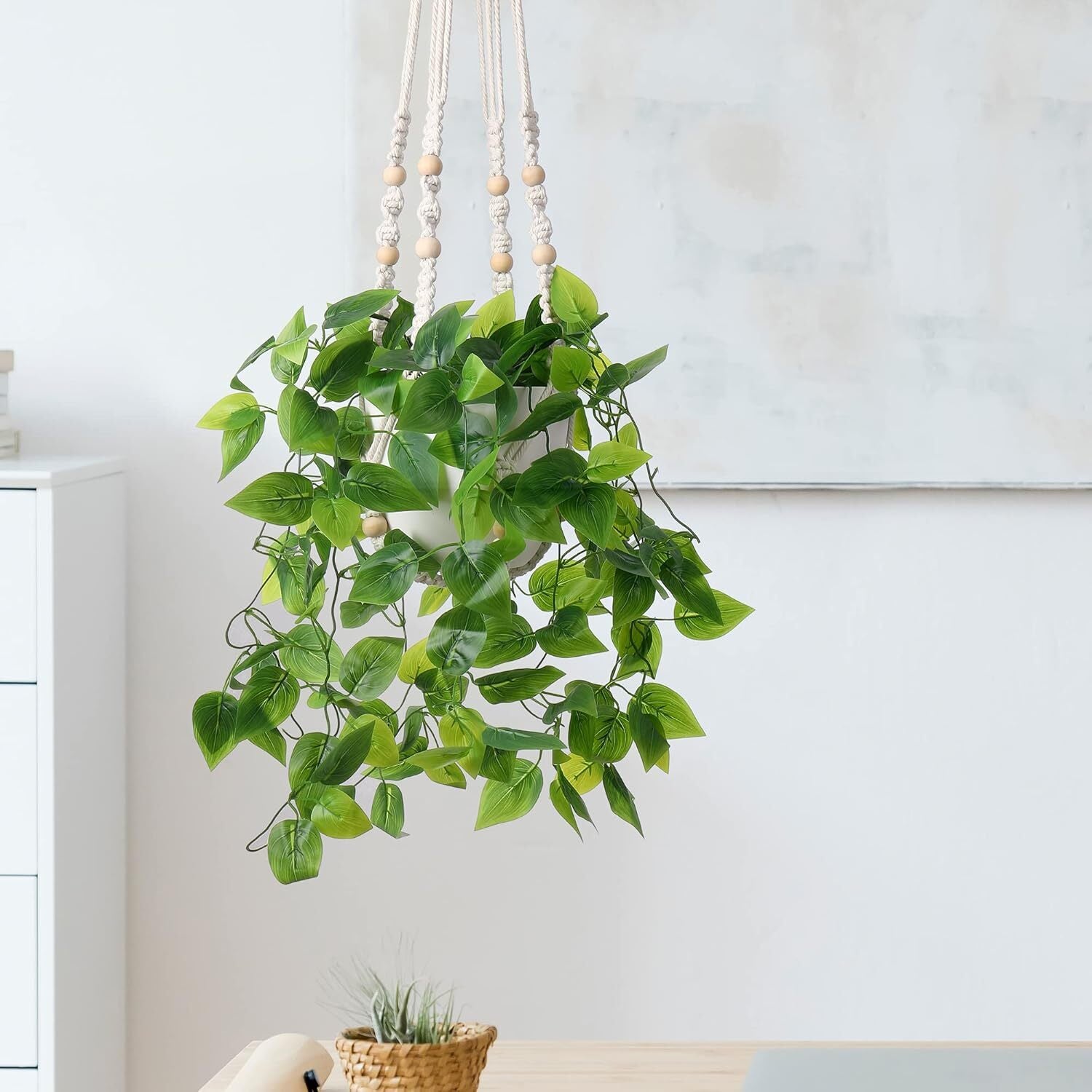 2 Pack Macrame Plant Hanger Indoor Hanging Planter Basket with Cotton Ivory