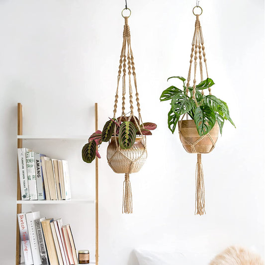 The Bohemian Baskets — Handwoven Macrame Plant Hangers, Decorative Jute Rope Holders for Indoor & Outdoor Plants (2-Pack, 40" Brown)