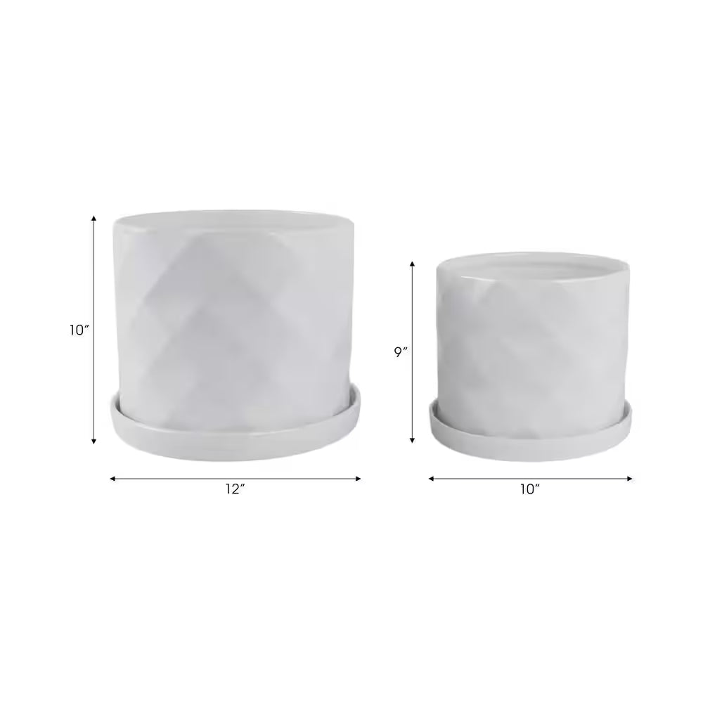 10 In. and 12 In. White Ceramic Geometric Texture Decorative Pots (Set of 2)