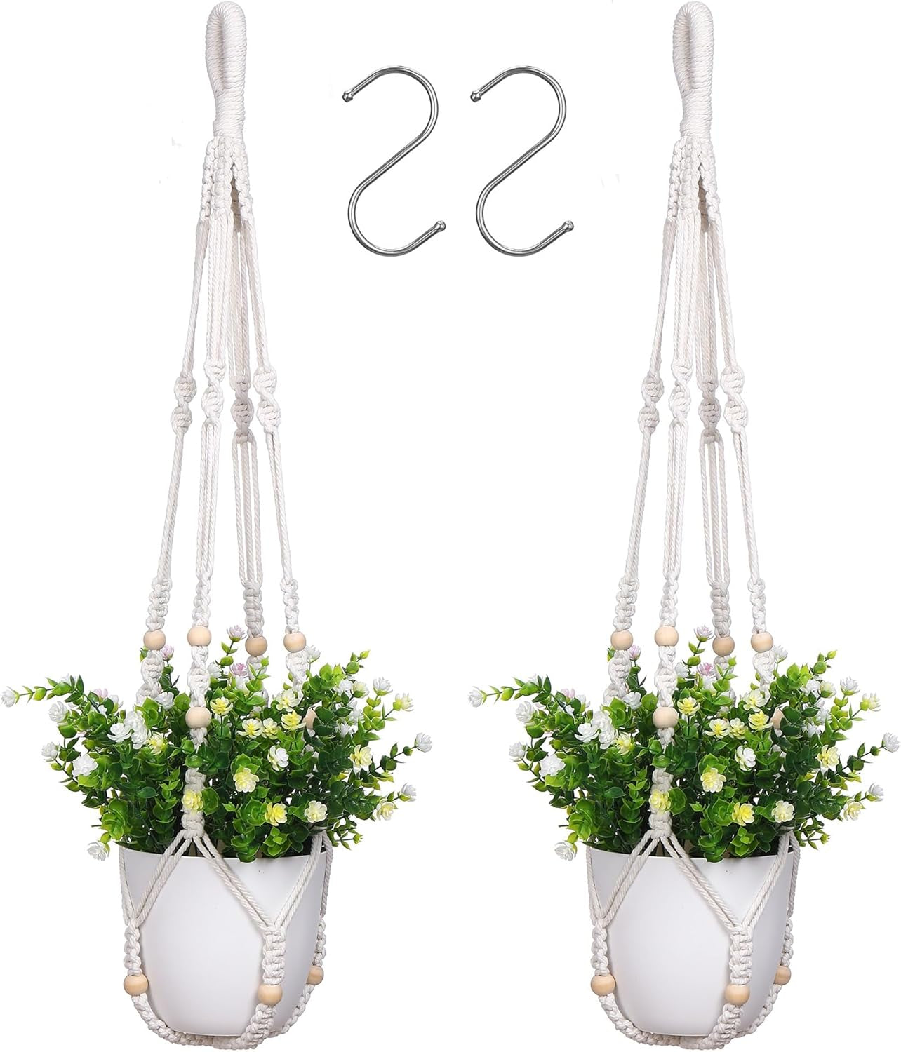 2 Pack Macrame Plant Hanger Indoor Hanging Planter Basket with Cotton Ivory