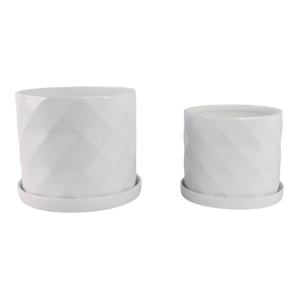 10 In. and 12 In. White Ceramic Geometric Texture Decorative Pots (Set of 2)