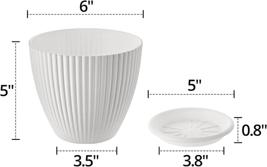 Plastic Planter Pots for Plants, 5 Pack 6 Inch Flower Pots with Drainage Holes and Saucers, Modern Stylish Indoor Outdoor Garden Pots for All Houseplants, Succulent, Home & Office Décor, White