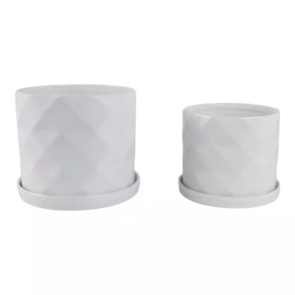 10 In. and 12 In. White Ceramic Geometric Texture Decorative Pots (Set of 2)