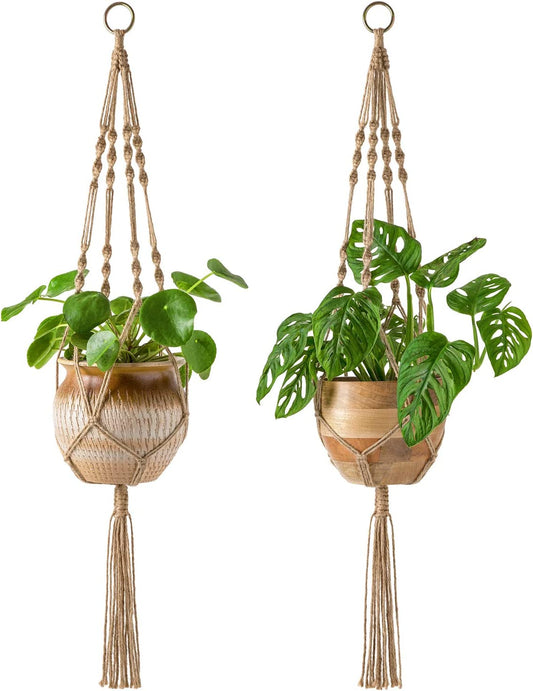 The Bohemian Baskets — Handwoven Macrame Plant Hangers, Decorative Jute Rope Holders for Indoor & Outdoor Plants (2-Pack, 40" Brown)