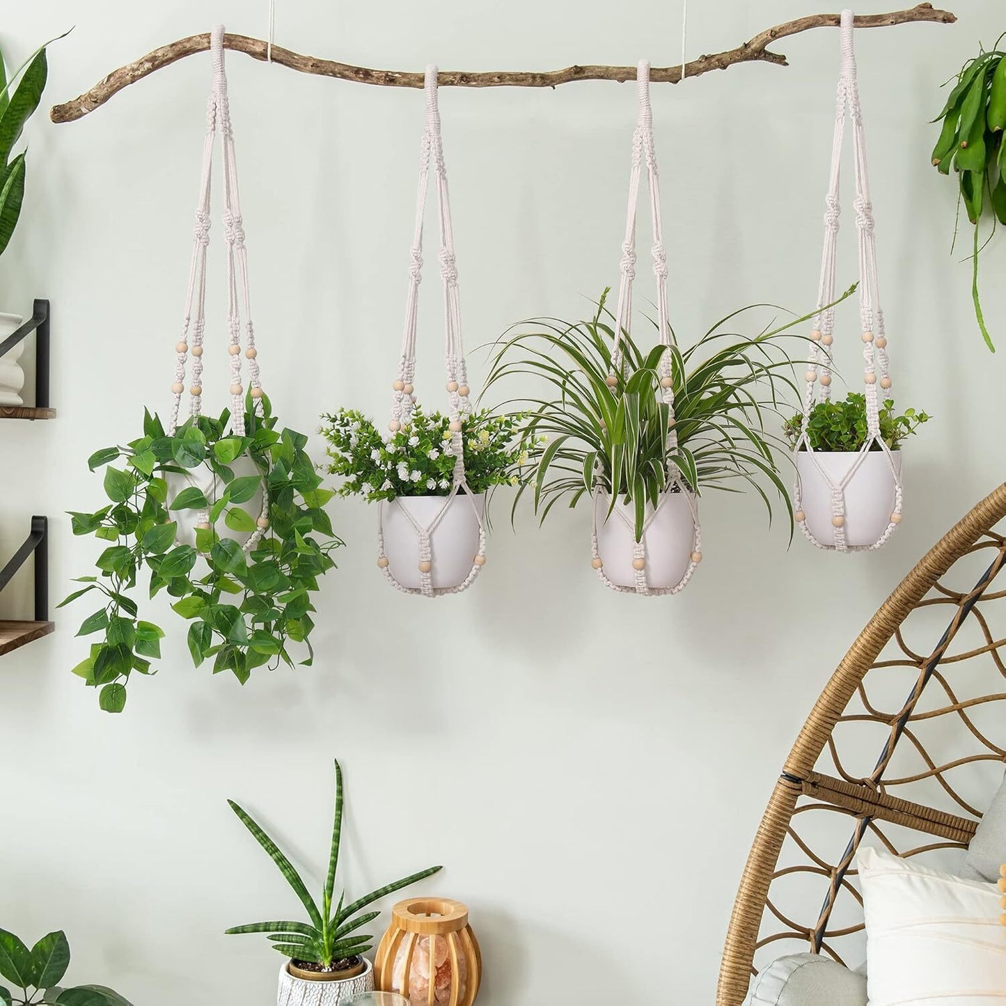 2 Pack Macrame Plant Hanger Indoor Hanging Planter Basket with Cotton Ivory