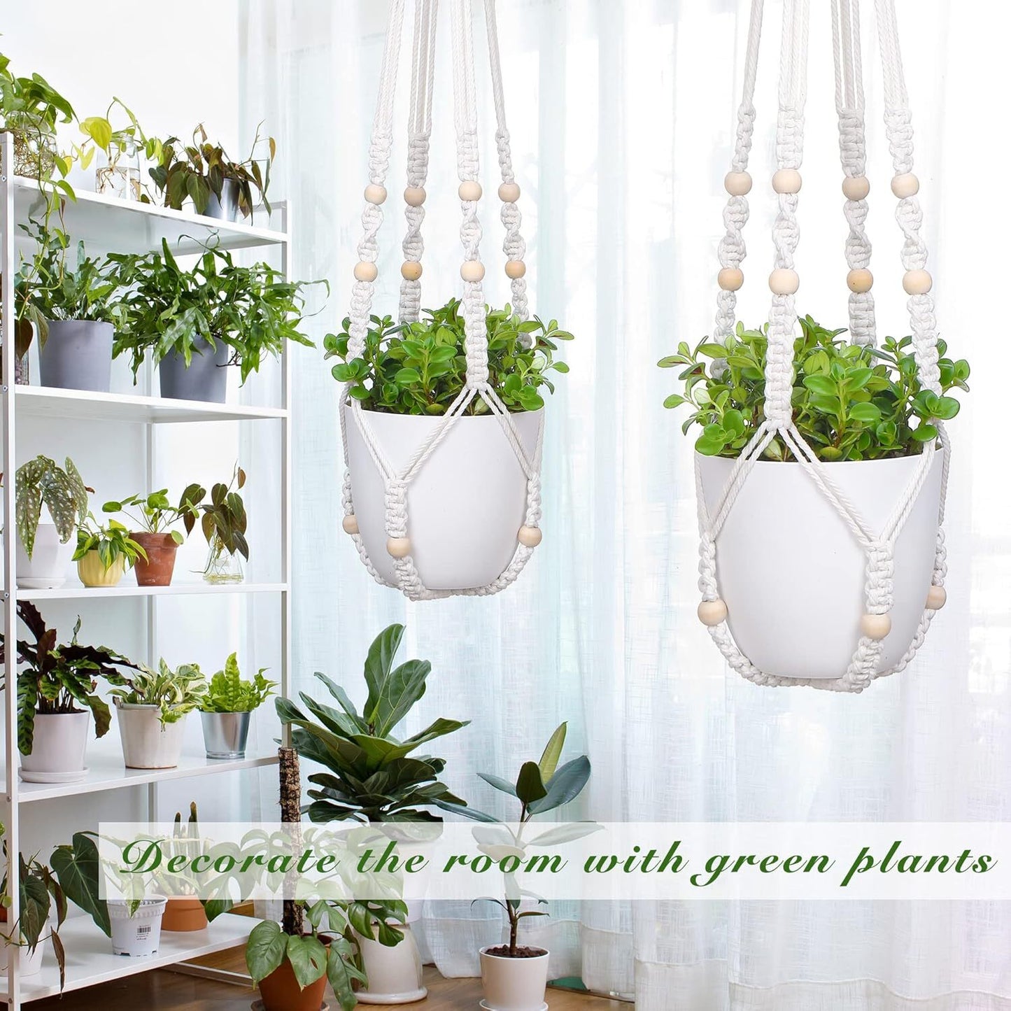2 Pack Macrame Plant Hanger Indoor Hanging Planter Basket with Cotton Ivory