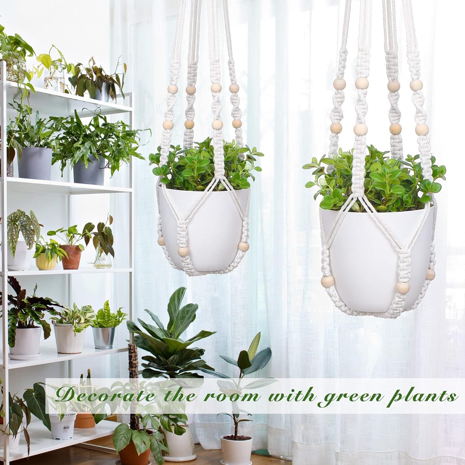 2 Pack Macrame Plant Hanger Indoor Hanging Planter Basket with Cotton Ivory