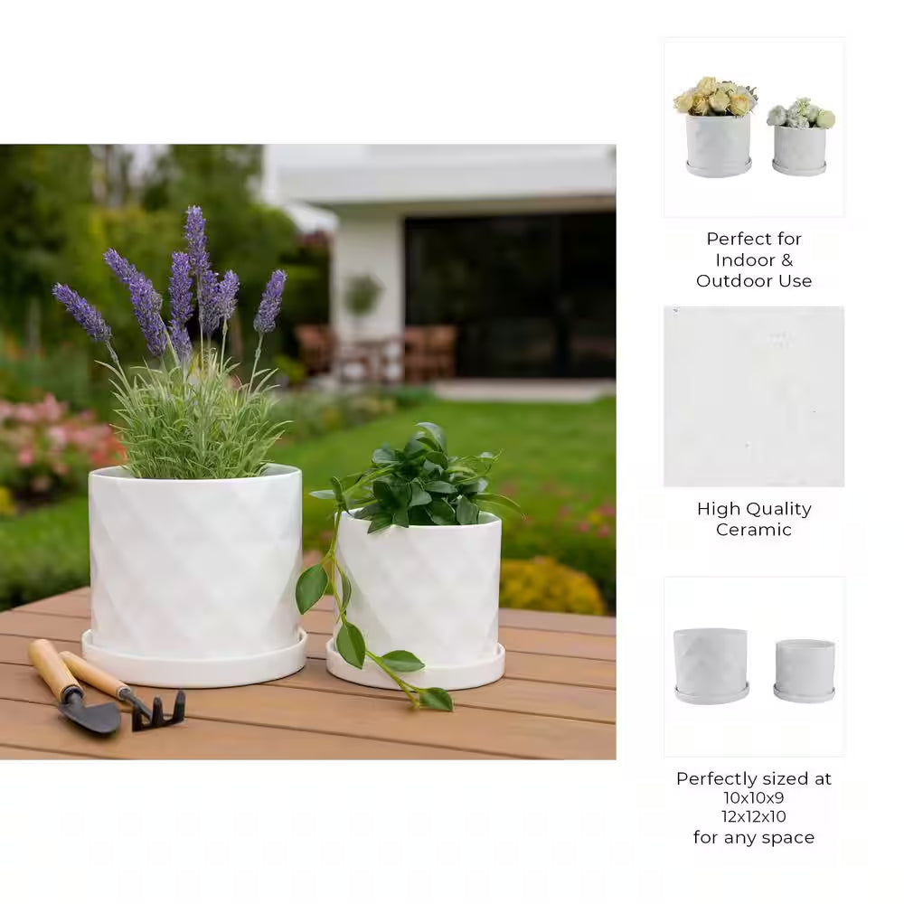 10 In. and 12 In. White Ceramic Geometric Texture Decorative Pots (Set of 2)